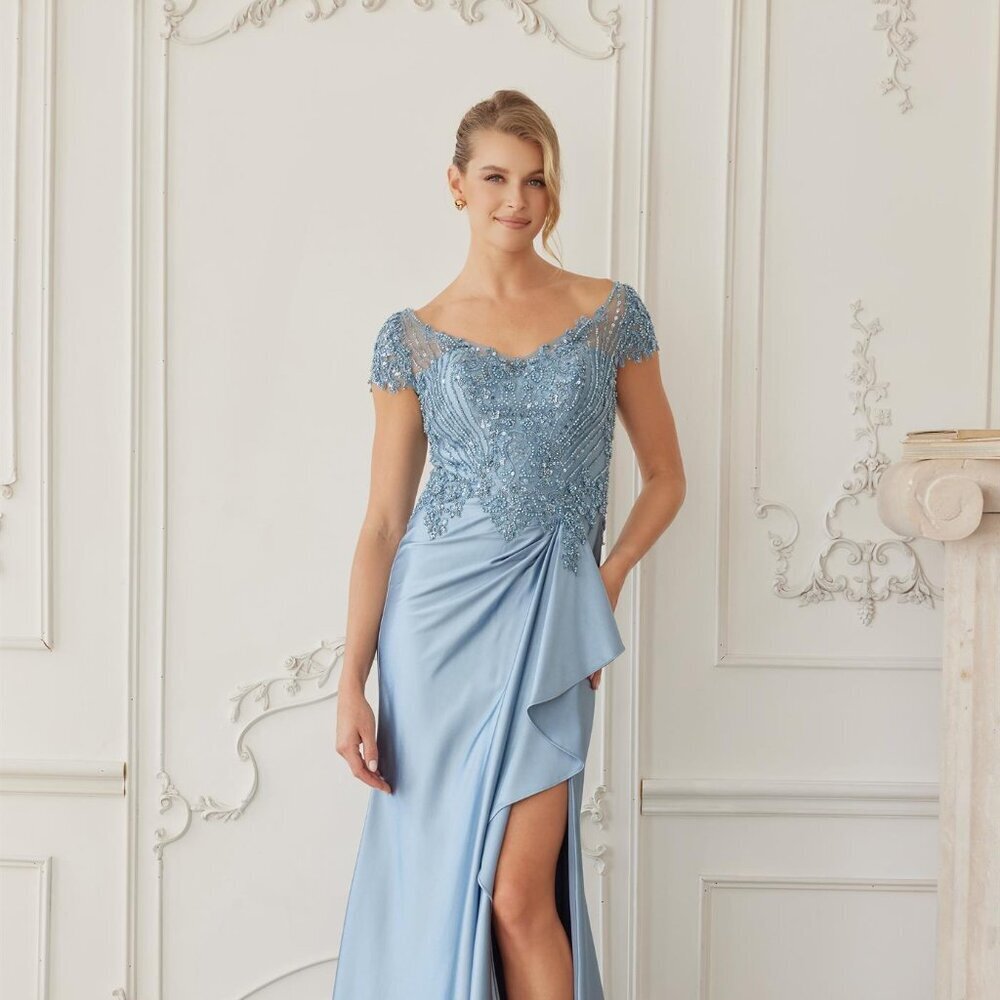New Blue Mother Of Bride Beads Embellished Elegant Gown w/ Waist Drape NX MD155